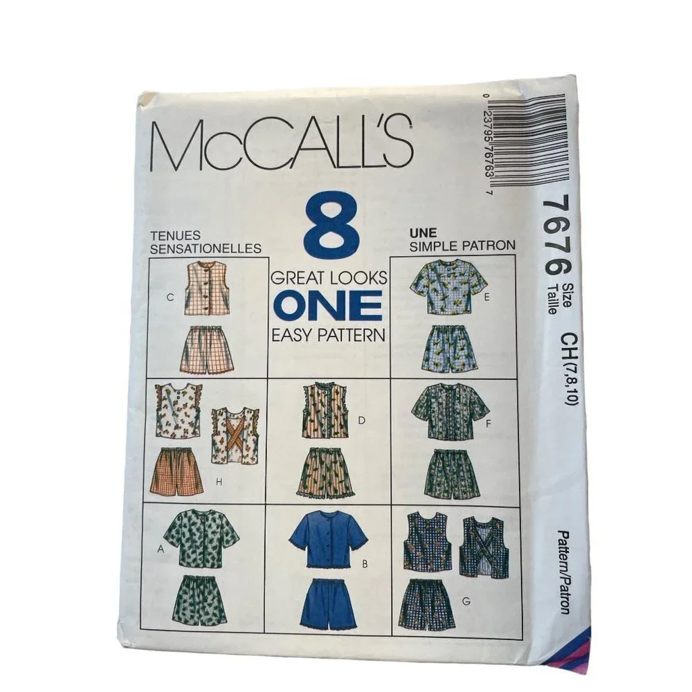 McCalls Sewing Pattern 7676 Top Shorts Child Unisex Size‎ 7-10